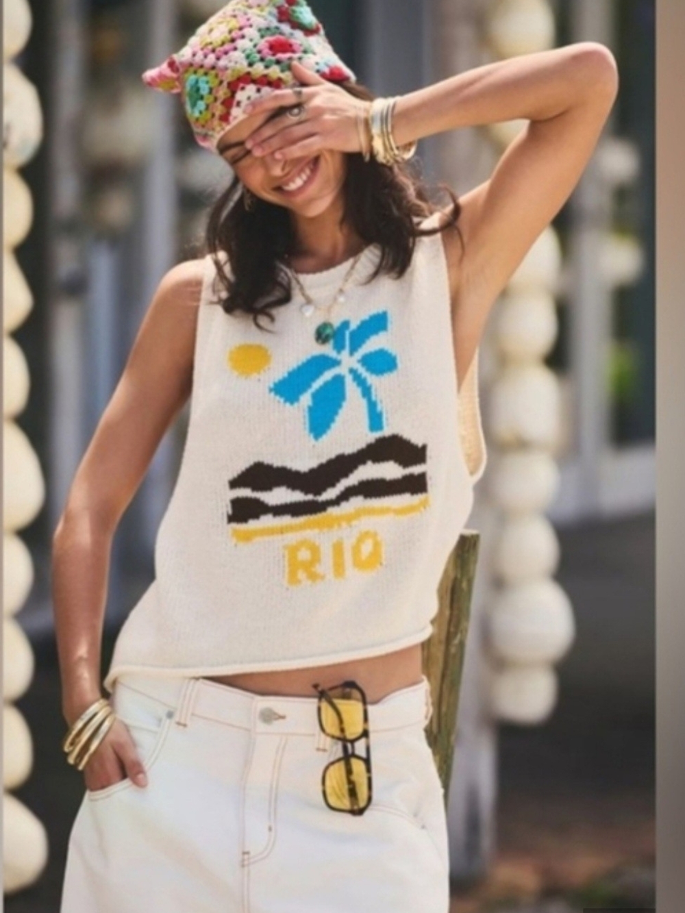 Urban Outfitters Cream Knit Tank with Blue & Yellow Rio Graphic